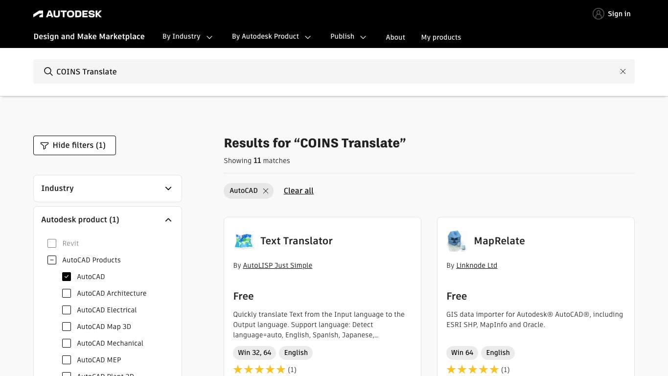 Recherche COINS Translate sur Autodesk Marketplace pour AutoCAD